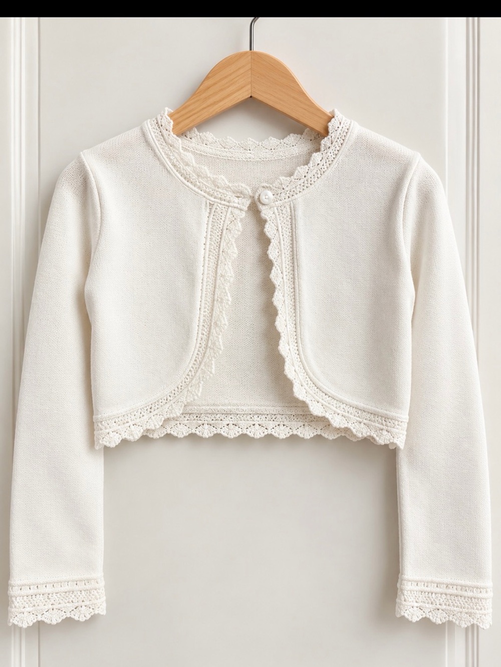 Girls' Ivory Crochet-Trim Bolero Jacket